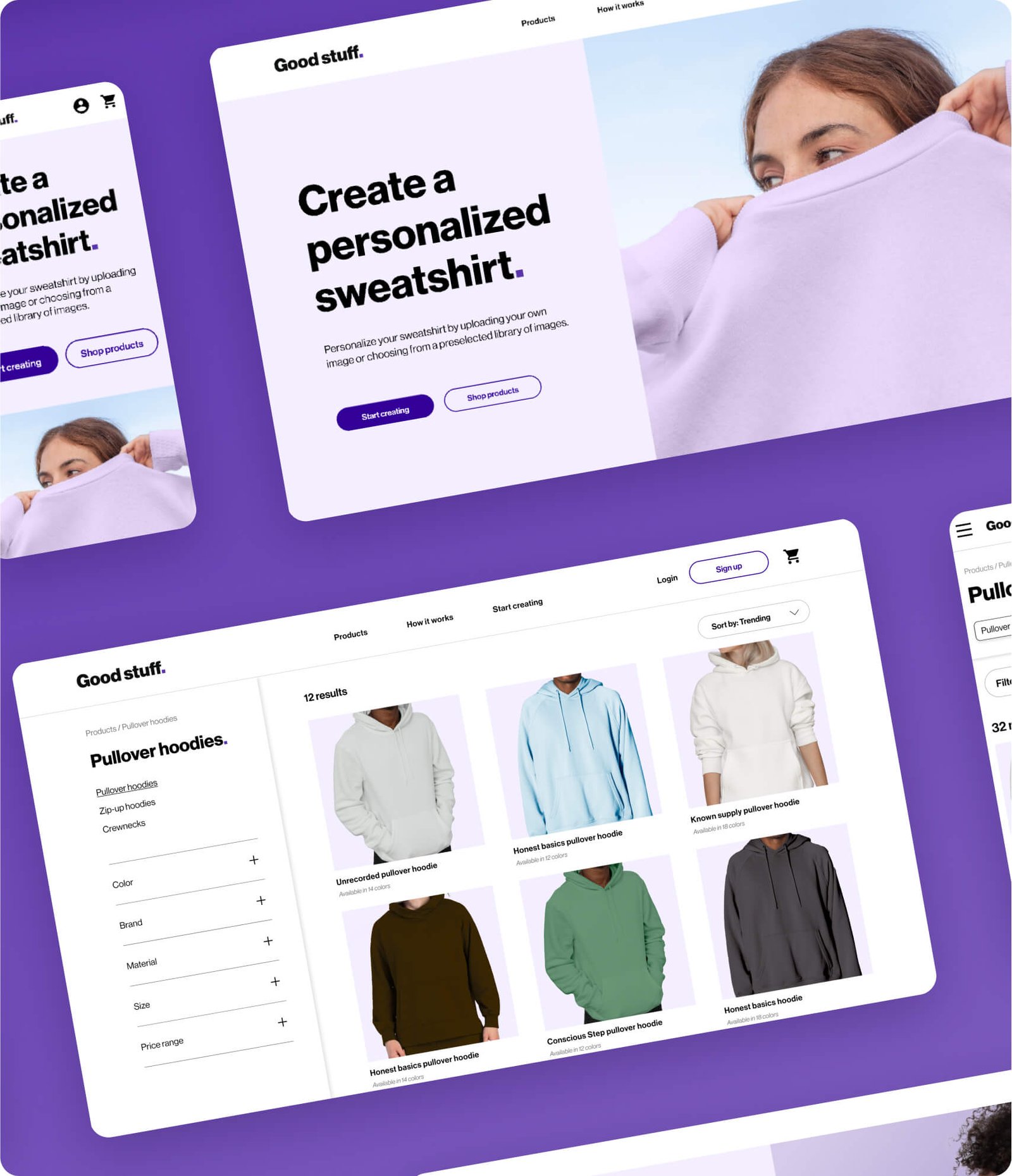 Good stuff is a responsive website that allows online shoppers to select and customize sweatshirts